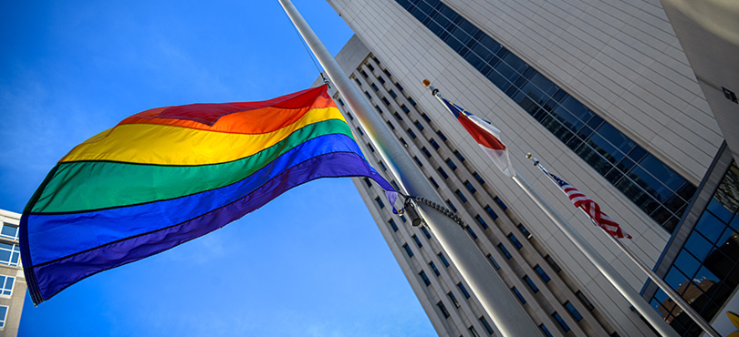 Pride flag over Reynolds building