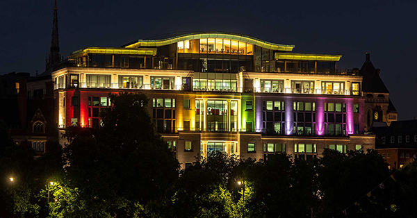 Globe House lit up for Pride